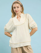 Umgee Womens Blouse Ecru Textured Short Sleeve Top with Contrast Trim ECRU Umgee_Womens_Blouse_Ecru_Textured_Short_Sleeve_Top_with_Contrast_Trim Trendsi