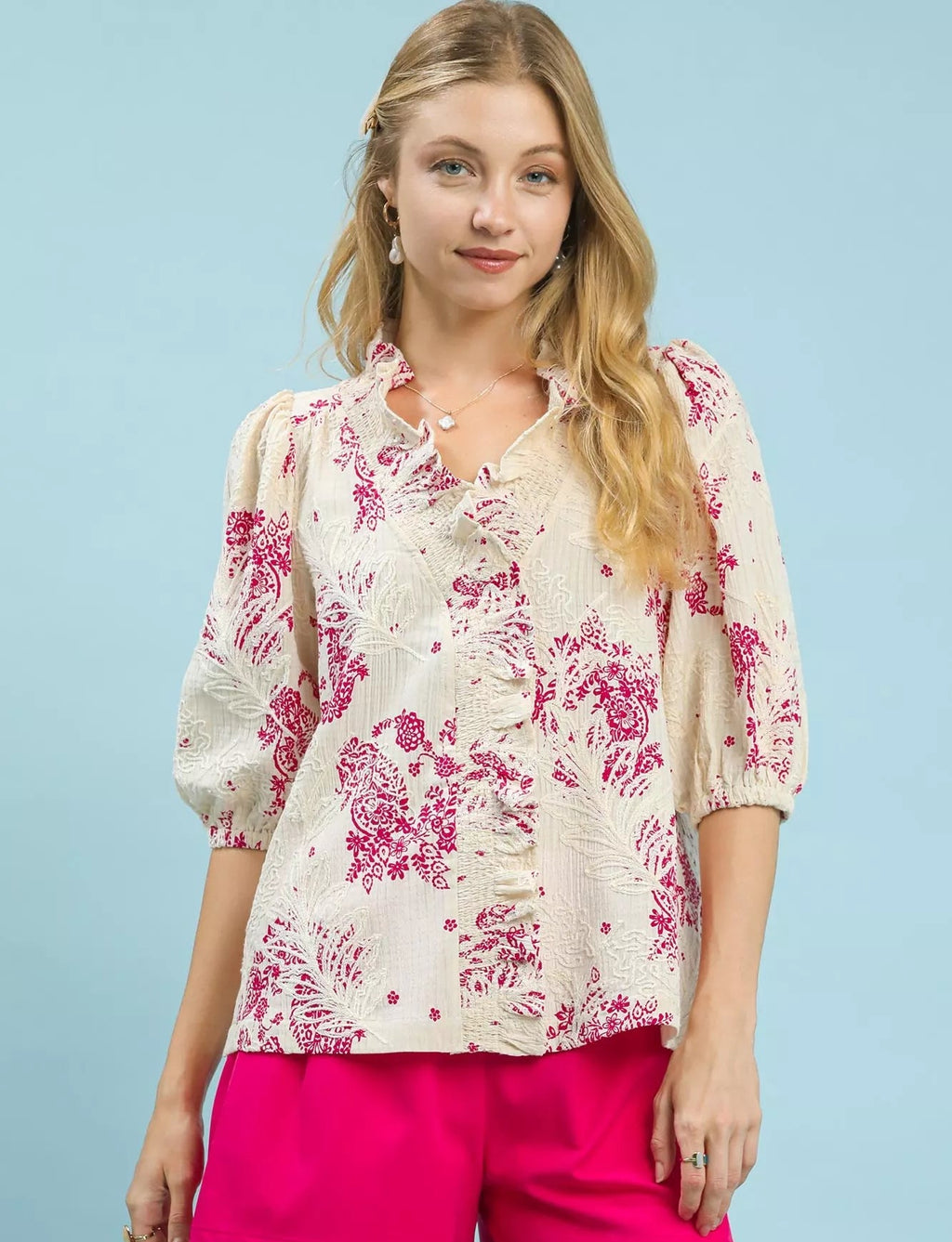 Umgee Womens Blouse Floral Embroidered Top with Ruffle Trim Short Sleeve BERRY Umgee_Womens_Blouse_Floral_Embroidered_Top_with_Ruffle_Trim_Short_Sleeve Trendsi