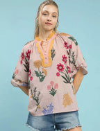 Umgee Womens Blouse Floral Puff Sleeve Top with Scallop Trim Collar BLUSH Umgee_Womens_Blouse_Floral_Puff_Sleeve_Top_with_Scallop_Trim_Collar Trendsi