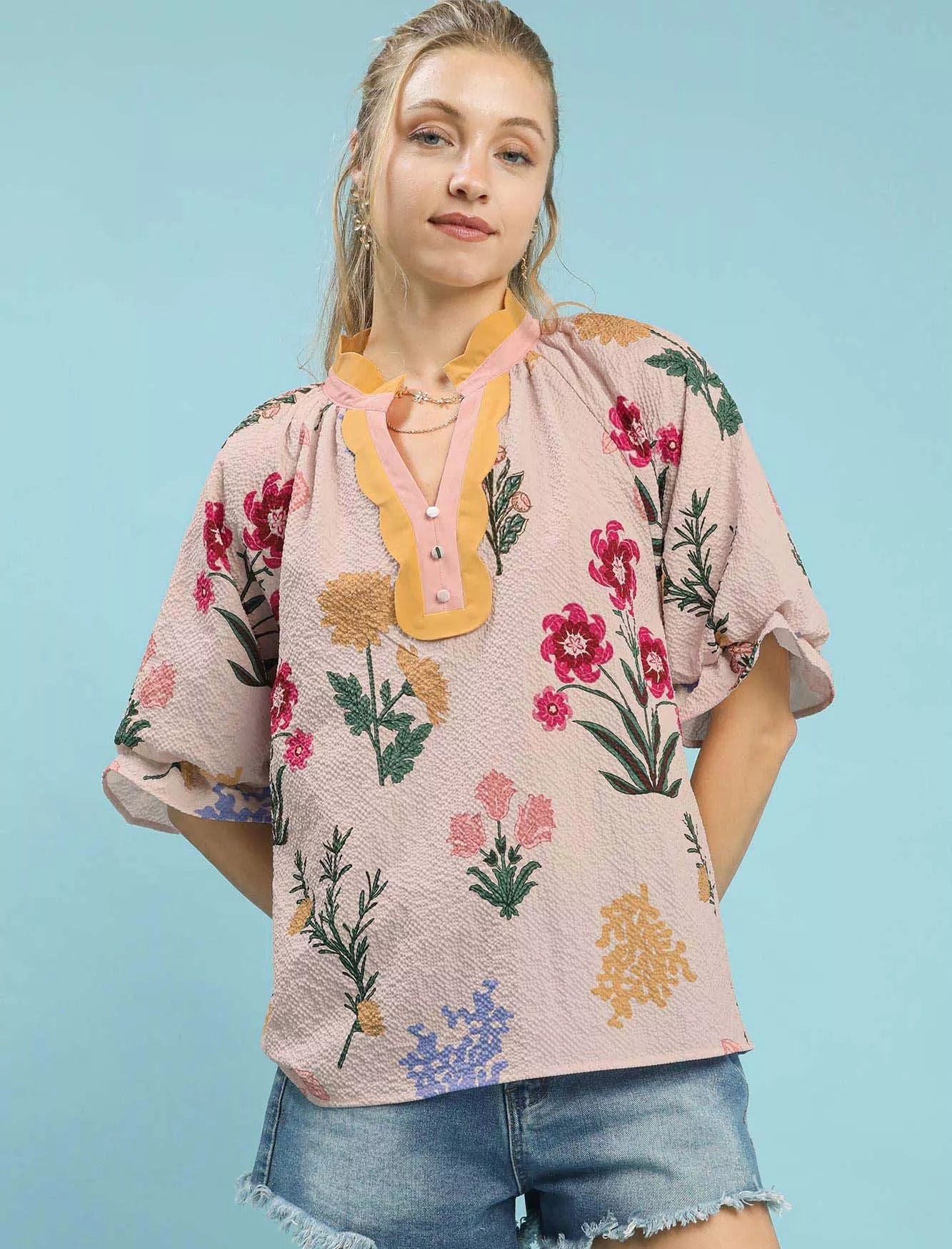 Umgee Womens Blouse Floral Puff Sleeve Top with Scallop Trim Collar