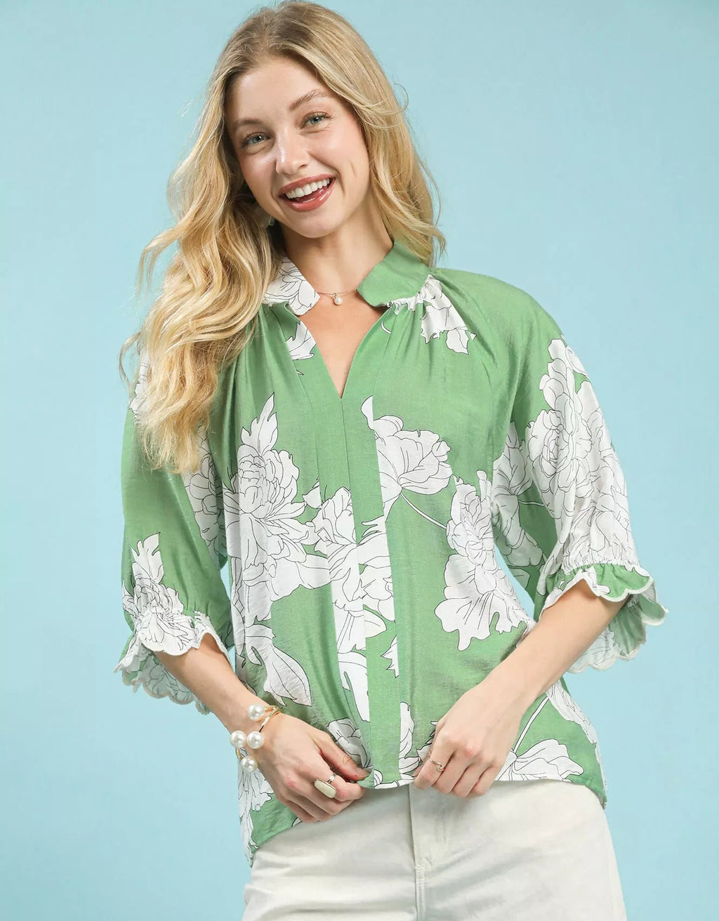 Umgee Womens Blouse Green Peony Illustration Print Flounce Short Sleeve Top SAGE GREEN Umgee_Womens_Blouse_Green_Peony_Illustration_Print_Flounce_Short_Sleeve_Top Trendsi