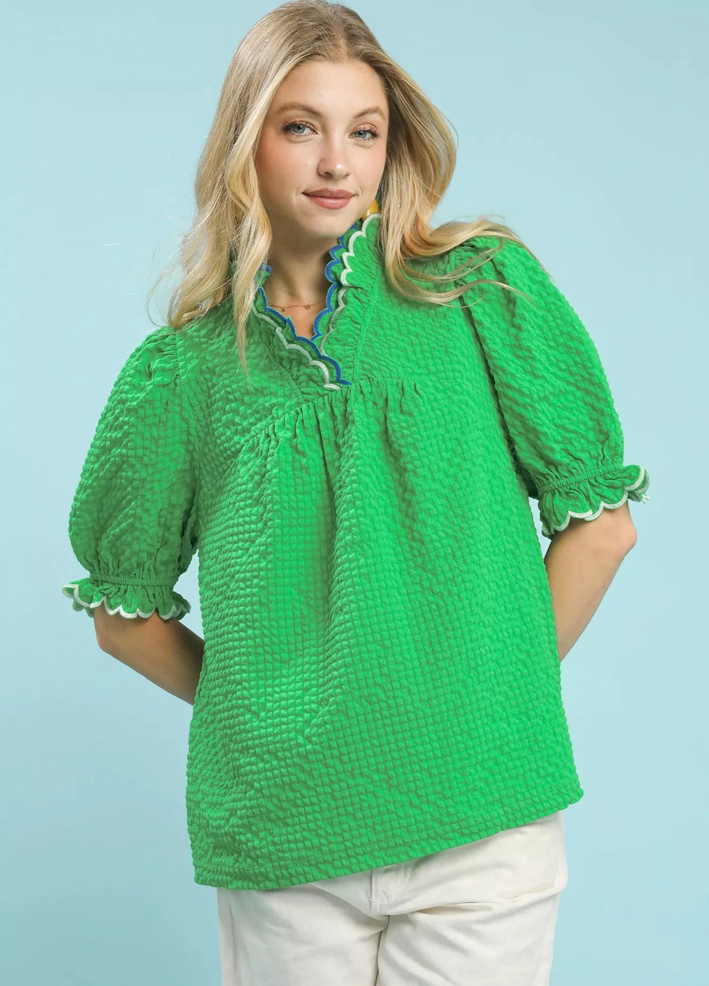 Umgee Womens Blouse Green Textured Puff Short Sleeve Top with Scalloped Trim GREEN Umgee_Womens_Blouse_Green_Textured_Puff_Short_Sleeve_Top_with_Scalloped_Trim Trendsi