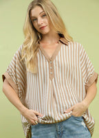 Umgee Womens Blouse Latte Stripe Collared Oversized Buttoned Top LATTE Umgee_Womens_Blouse_Latte_Stripe_Collared_Oversized_Buttoned_Top Trendsi