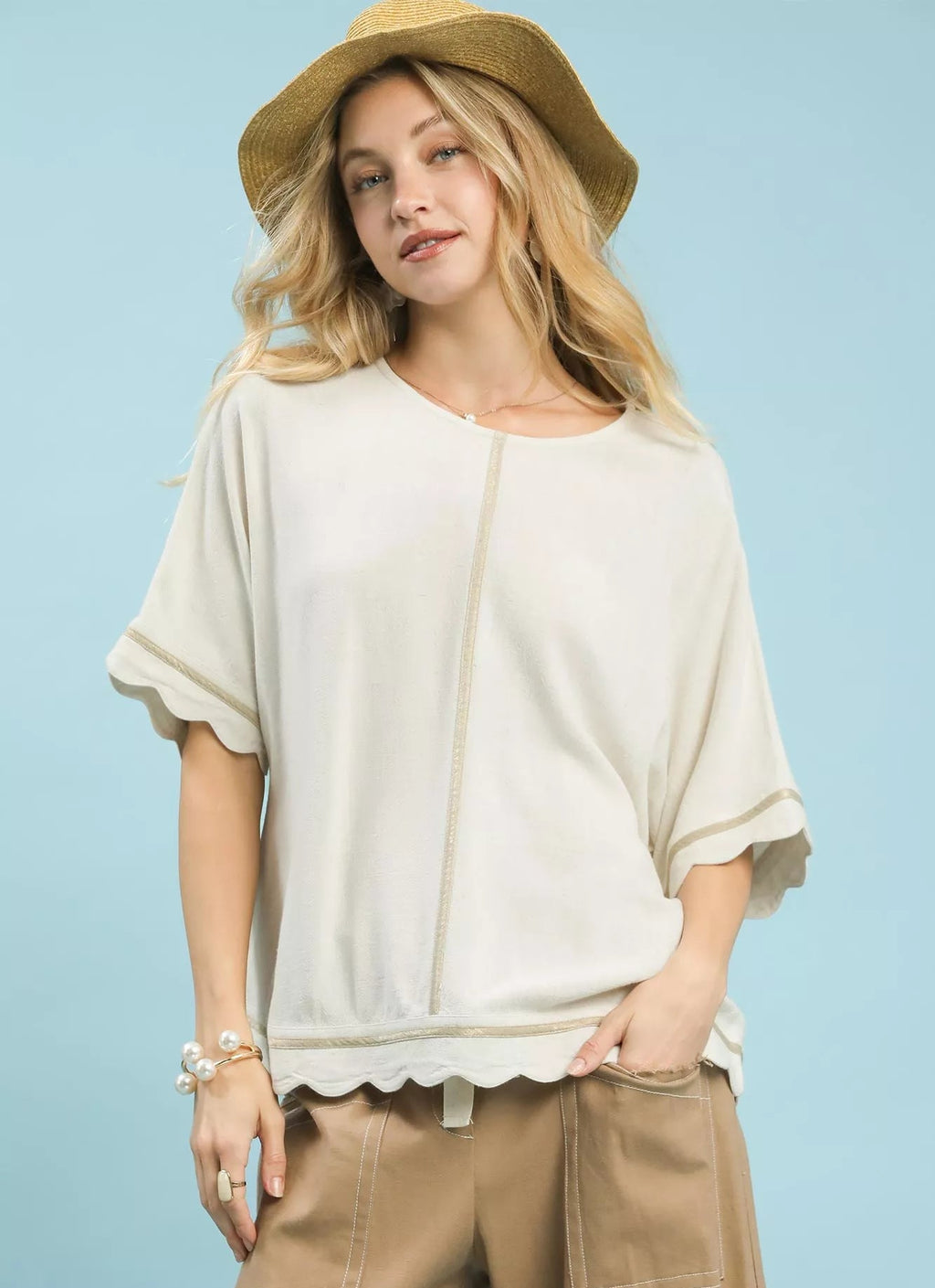 Umgee Womens Blouse Linen Blend Scallop Trim Top OATMEAL Umgee_Womens_Blouse_Linen_Blend_Scallop_Trim_Top Trendsi