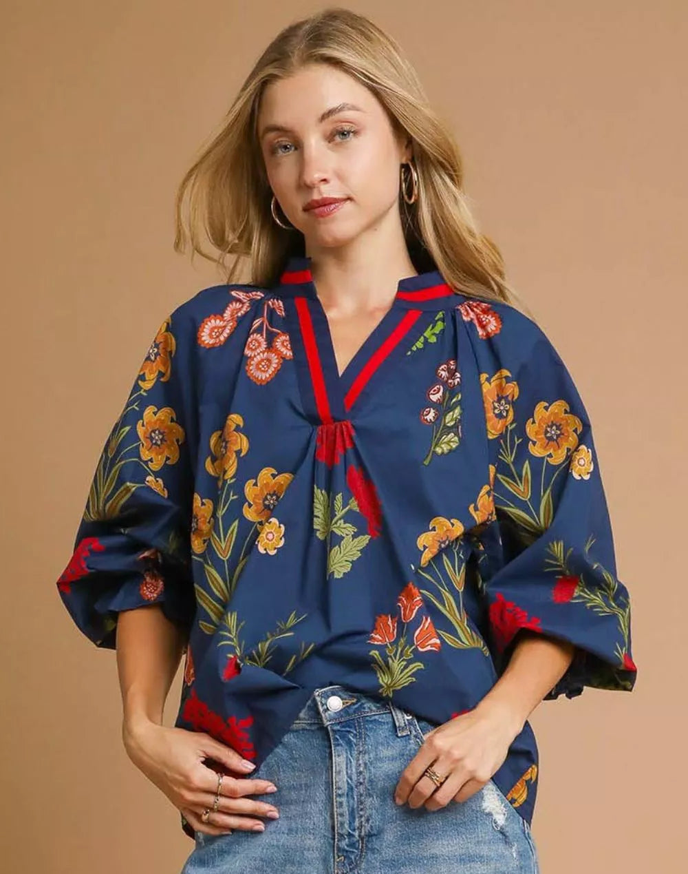 Umgee Womens Blouse Midnight Blue Floral Print Flounce Sleeve Ruffled MIDNIGHT MIX Umgee_Womens_Blouse_Midnight_Blue_Floral_Print_Flounce_Sleeve_Ruffled Trendsi