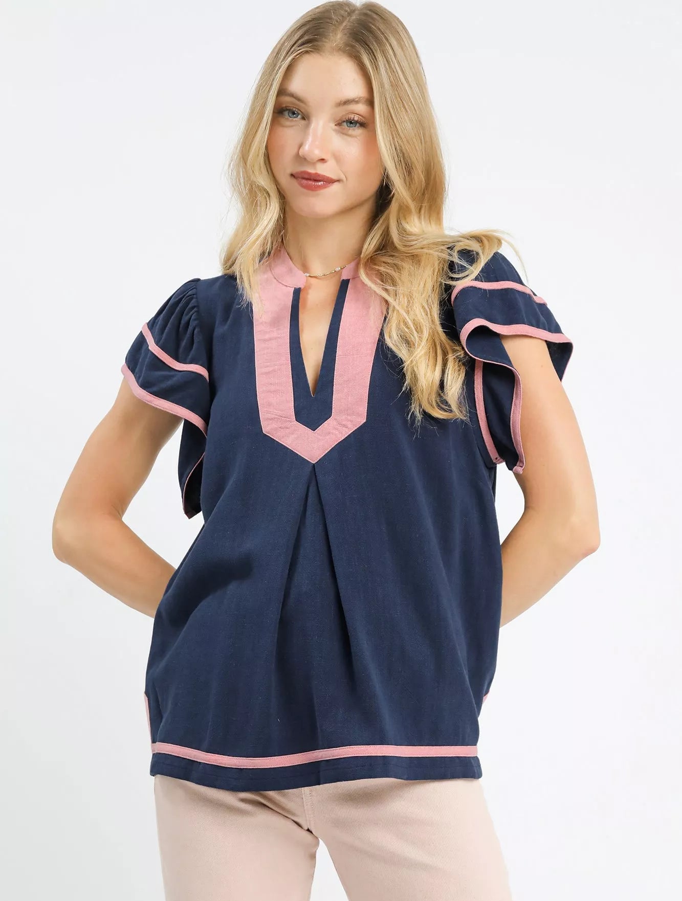 Umgee Womens Blouse Navy Linen Ruffle Short Sleeve Top