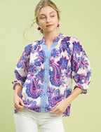 Umgee Womens Blouse Ocena Blue Mix Paisley Print Button Front with Scallop Trim OCEAN MIX Umgee_Womens_Blouse_Ocena_Blue_Mix_Paisley_Print_Button_Front_with_Scallop_Trim Trendsi