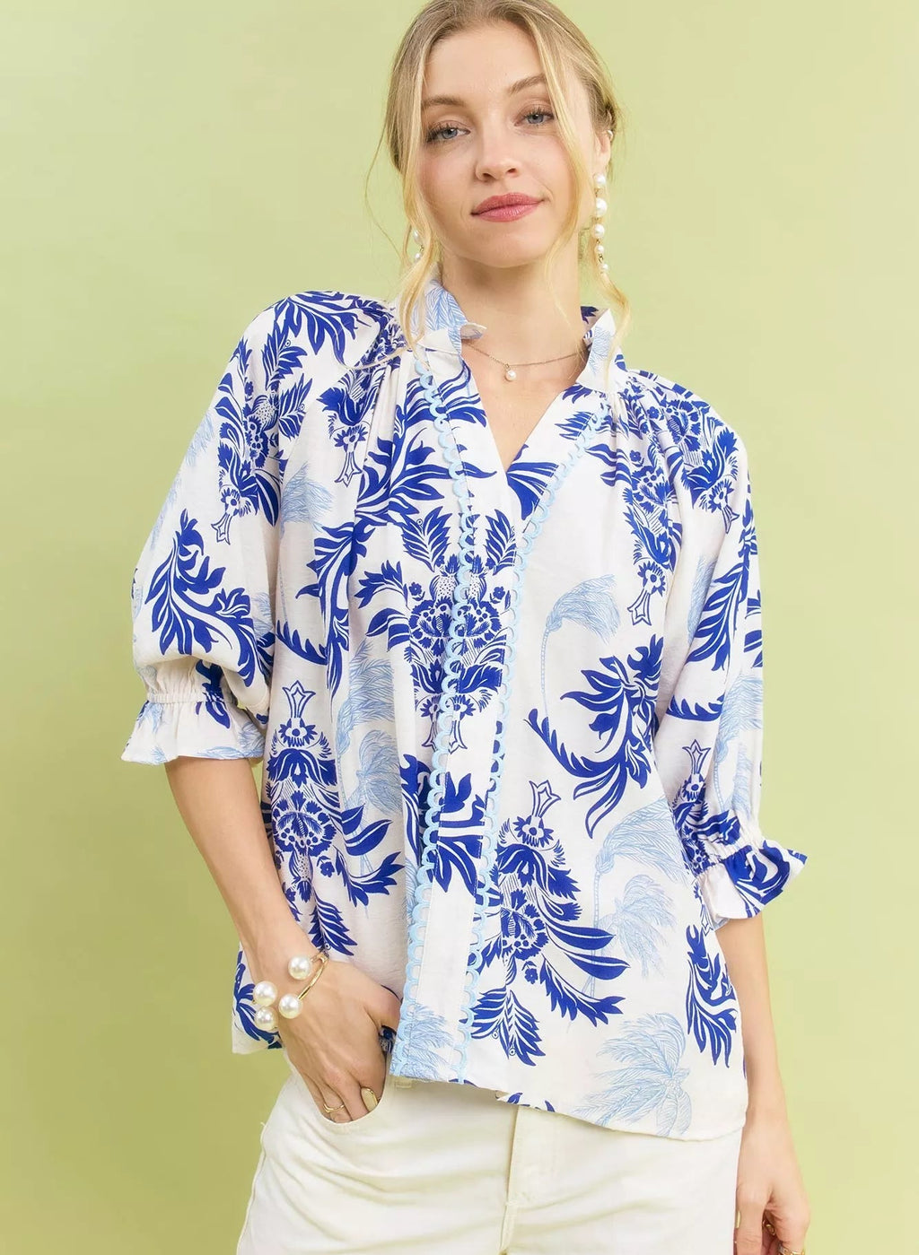 Umgee Womens Blouse Ocena Leafy Damask Print Top Contrast Scalloped Trim OCEAN Umgee_Womens_Blouse_Ocena_Leafy_Damask_Print_Top_Contrast_Scalloped_Trim Trendsi