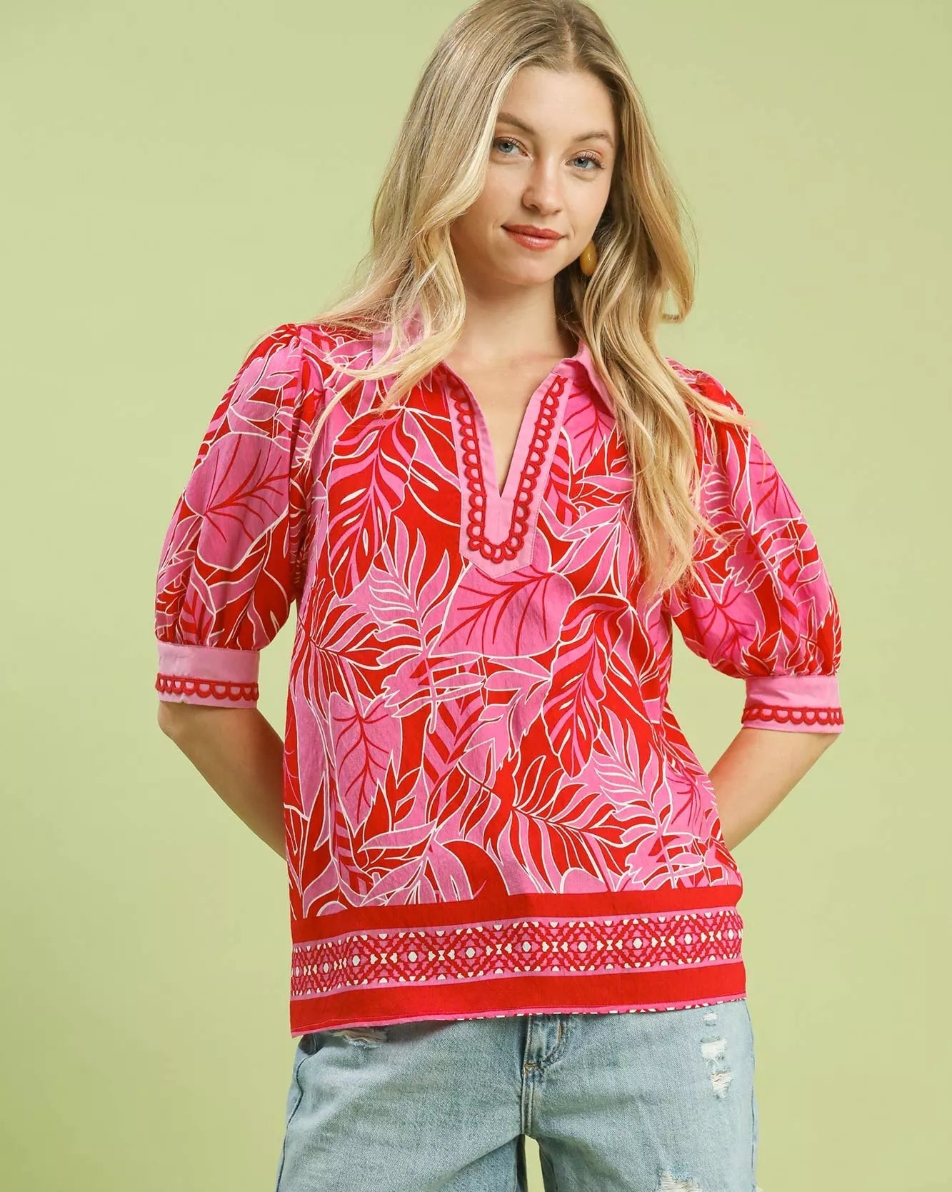Umgee Womens Blouse Red Tropical Floral Print Puff Short Sleeve Top