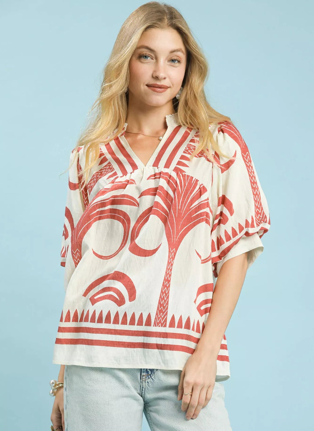 Umgee Womens Blouse Rose Folk Art Palm Print Puff Short Sleeve Top ROSE CLAY Umgee_Womens_Blouse_Rose_Folk_Art_Palm_Print_Puff_Short_Sleeve_Top Trendsi