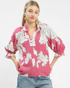 Umgee Womens Blouse Rose Peony Illustration Print Flounce Sleeve Top ROSE Umgee_Womens_Blouse_Rose_Peony_Illustration_Print_Flounce_Sleeve_Top Trendsi
