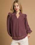 Umgee Womens Blouse Ruffle Shoulder Long Sleeve Red Bean Top RED BEAN Umgee_Womens_Blouse_Ruffle_Shoulder_Long_Sleeve_Red_Bean_Top Trendsi