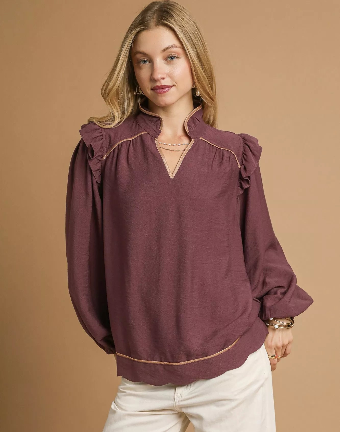 Umgee Womens Blouse Ruffle Shoulder Long Sleeve Red Bean Top RED BEAN Umgee_Womens_Blouse_Ruffle_Shoulder_Long_Sleeve_Red_Bean_Top Trendsi