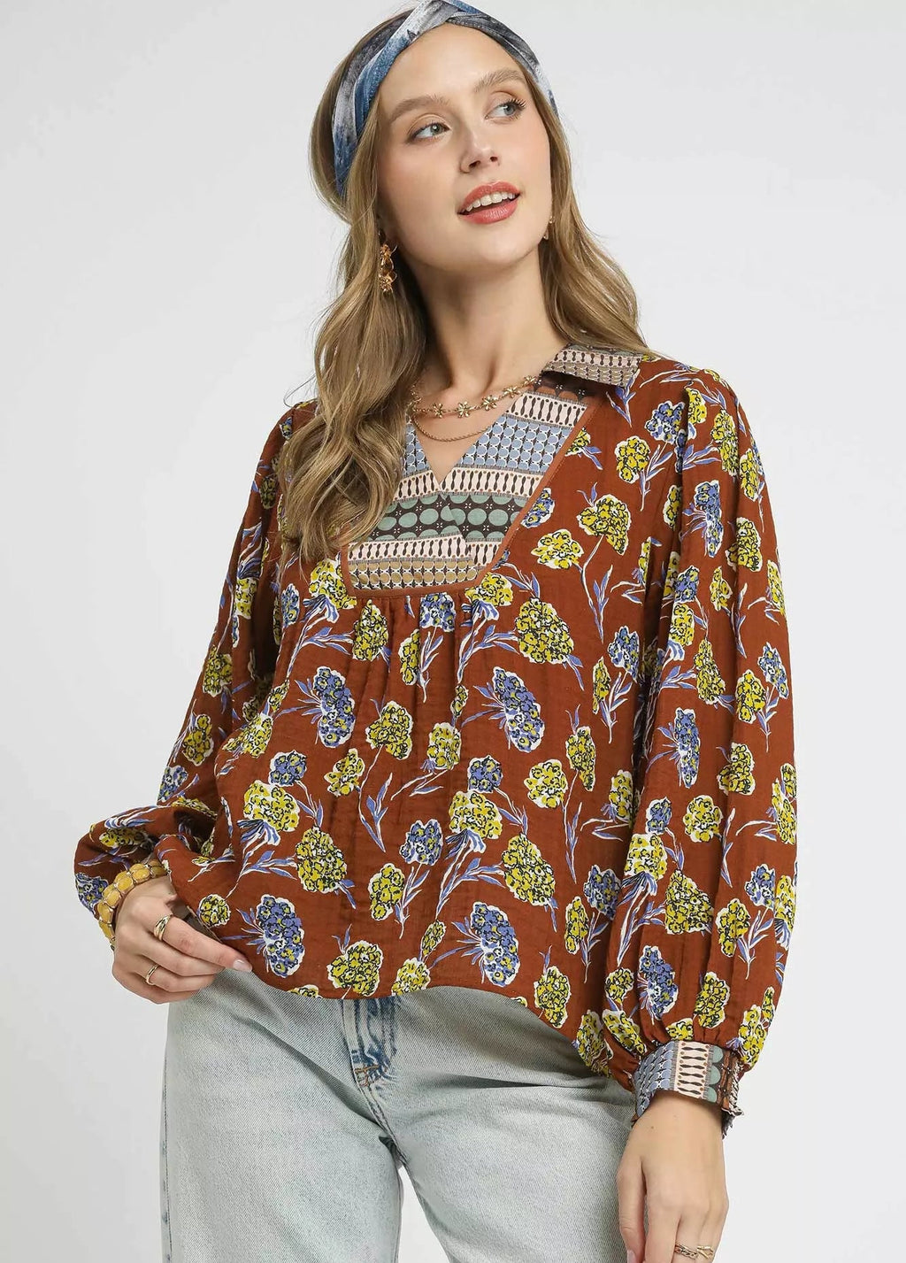 Umgee Womens Blouse Sepia Floral Print Collared Long Sleeve Top SEPIA Umgee_Womens_Blouse_Sepia_Floral_Print_Collared_Long_Sleeve_Top Trendsi