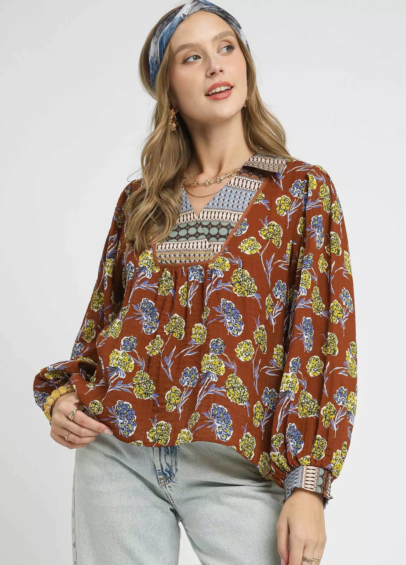 Umgee Womens Blouse Sepia Floral Print Collared Long Sleeve Top