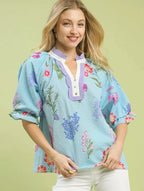 Umgee Womens Blouse Sky Blue Floral Puff Short Sleeve Top Scallop Trim Collar SEAFOAM Umgee_Womens_Blouse_Sky_Blue_Floral_Puff_Short_Sleeve_Top_Scallop_Trim_Collar Trendsi