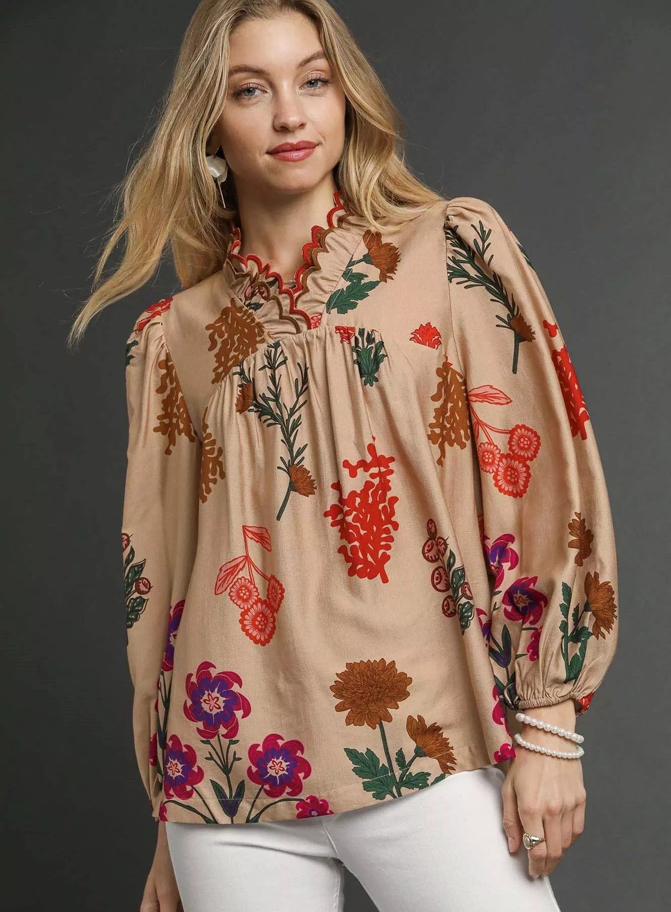 Umgee Womens Blouse Tan Mix Flower Print Top with Scalloped Neckline TAN MIX Umgee_Womens_Blouse_Tan_Mix_Flower_Print_Top_with_Scalloped_Neckline Trendsi