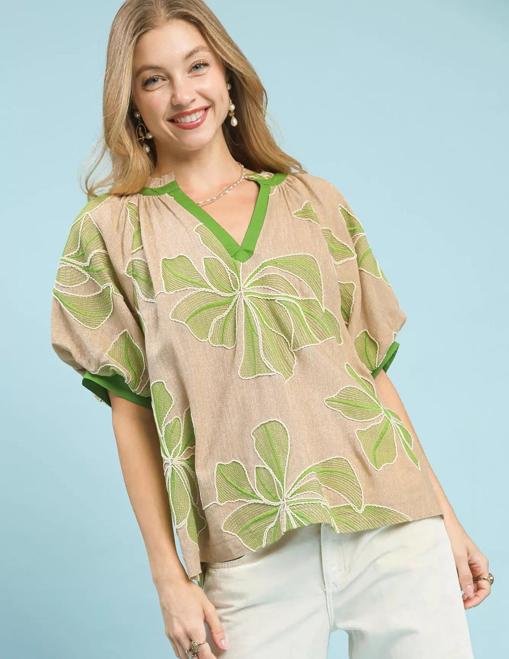 Umgee Womens Blouse Taupe Green Floral Embroidered V-Neck Short Sleeve Top TAUPE Umgee_Womens_Blouse_Taupe_Green_Floral_Embroidered_V-Neck_Short_Sleeve_Top Trendsi
