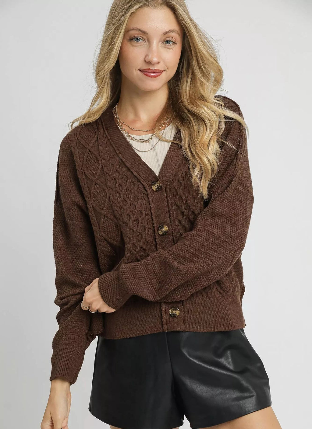 Umgee Womens Cardigan Brown Button-Up Chunky Cable Knit V-Neck Brown Umgee_Womens_Cardigan_Brown_Button-Up_Chunky_Cable_Knit_V-Neck Trendsi