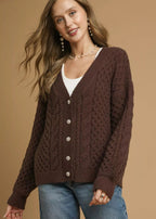 Umgee Womens Cardigan Brown Cable Knit Pearl Button Sweater CHOCOLATE Umgee_Womens_Cardigan_Brown_Cable_Knit_Pearl_Button_Sweater Trendsi