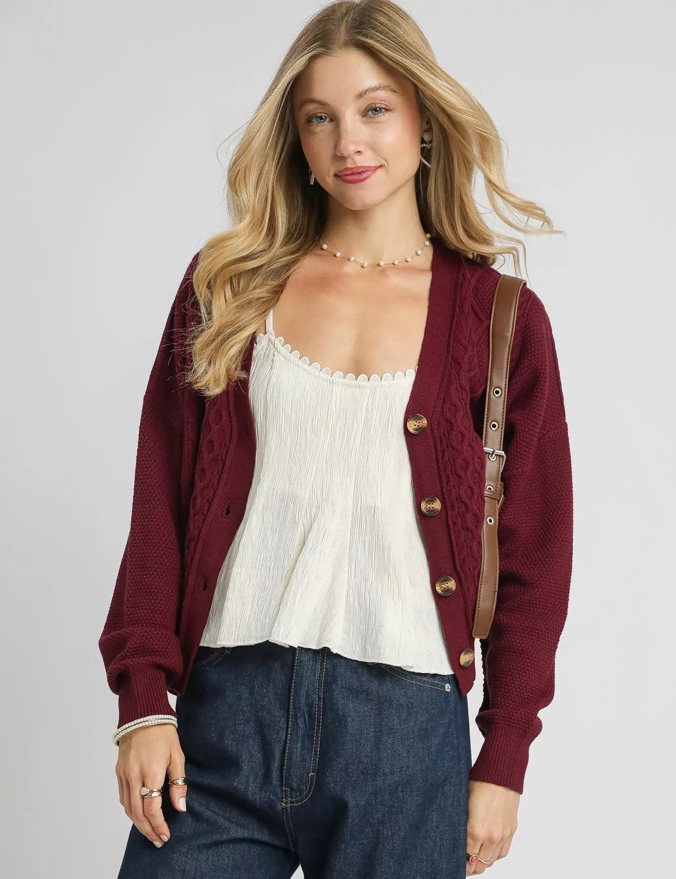 Umgee Womens Cardigan Burgyndy Chunky Cable Knit V-Neck Button-Up BURGUNDY Umgee_Womens_Cardigan_Burgyndy_Chunky_Cable_Knit_V-Neck_Button-Up Trendsi