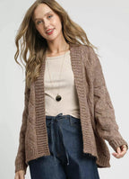 Umgee Womens Cardigan Chunky Cable Knit Mocha Woolen Knit Open Front MOCHA Umgee_Womens_Cardigan_Chunky_Cable_Knit_Mocha_Woolen_Knit_Open_Front Trendsi