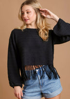 Umgee Womens Crochet Knit Crop Top Black with Frey Hem Fringe Black Umgee_Womens_Crochet_Knit_Crop_Top_Black_with_Frey_Hem_Fringe Trendsi