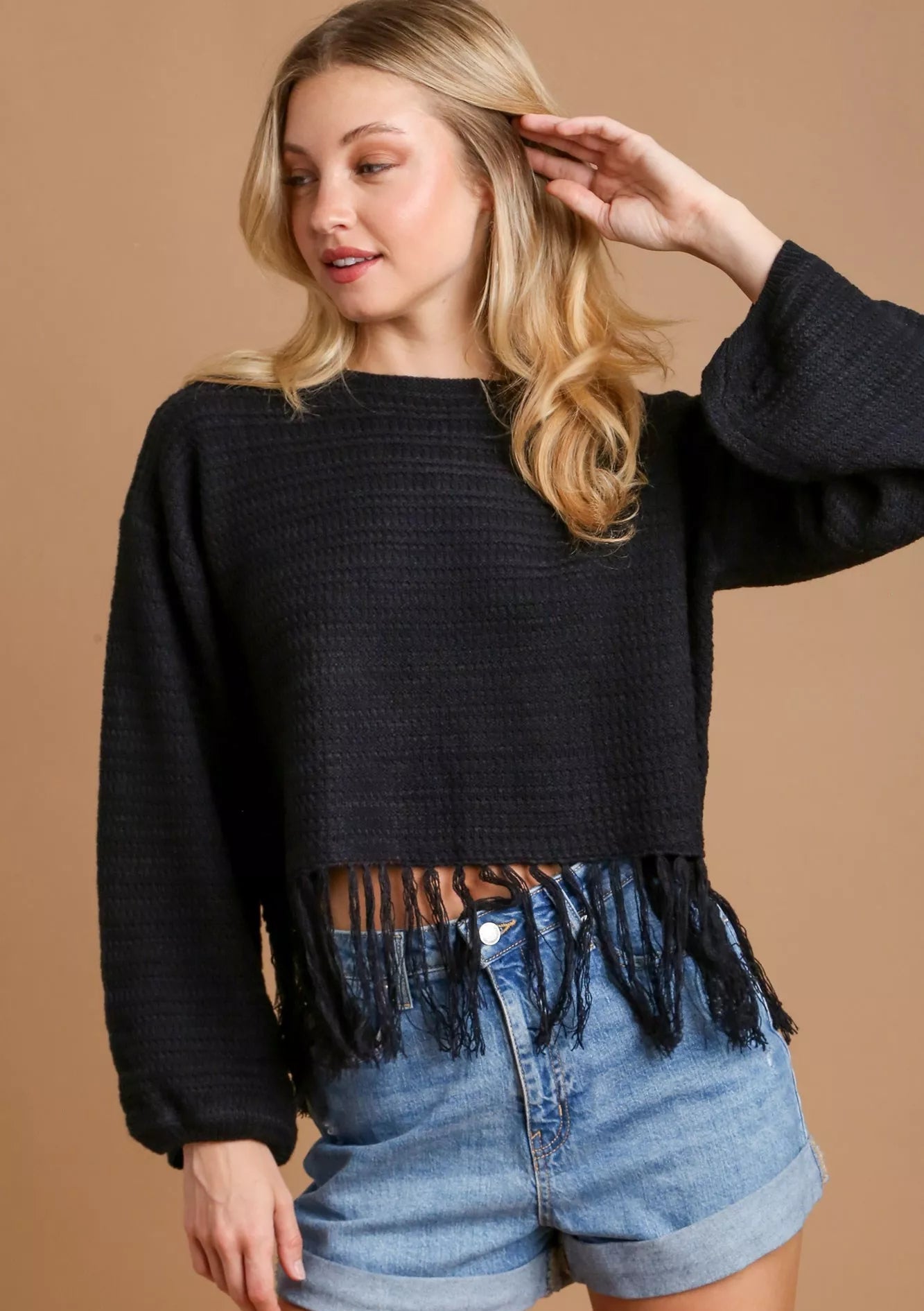 Umgee Womens Crochet Knit Crop Top Black with Frey Hem Fringe Black Umgee_Womens_Crochet_Knit_Crop_Top_Black_with_Frey_Hem_Fringe Trendsi