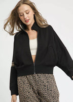 Umgee Womens Cropped Jacket Zipper Up Black with Leopard Trim Black Umgee_Womens_Cropped_Jacket_Zipper_Up_Black_with_Leopard_Trim Trendsi