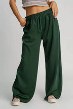 Umgee Womens Elastic Wide Leg Pants Green Drawstring Waistband EVERGREEN Umgee_Womens_Elastic_Wide_Leg_Pants_Green_Drawstring_Waistband Trendsi