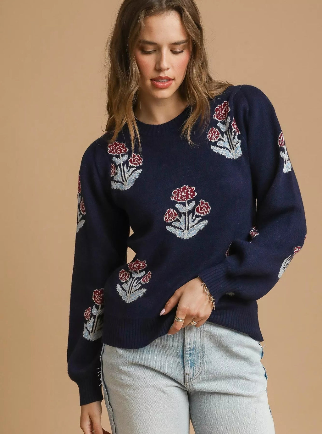 Umgee Womens Floral Knit Sweater Midnight Blue with Puff Sleeves MIDNIGHT Umgee_Womens_Floral_Knit_Sweater_Midnight_Blue_with_Puff_Sleeves Trendsi