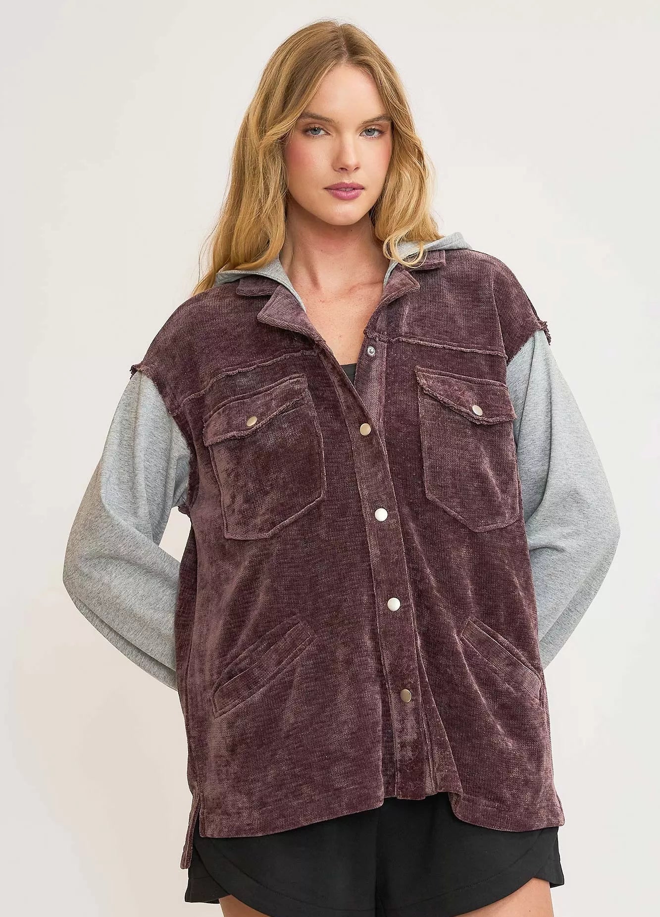 Umgee Womens Hooded Chenille Jacket Plum Gray Contrast Long Sleeves PLUM Umgee_Womens_Hooded_Chenille_Jacket_Plum_Gray_Contrast_Long_Sleeves Trendsi