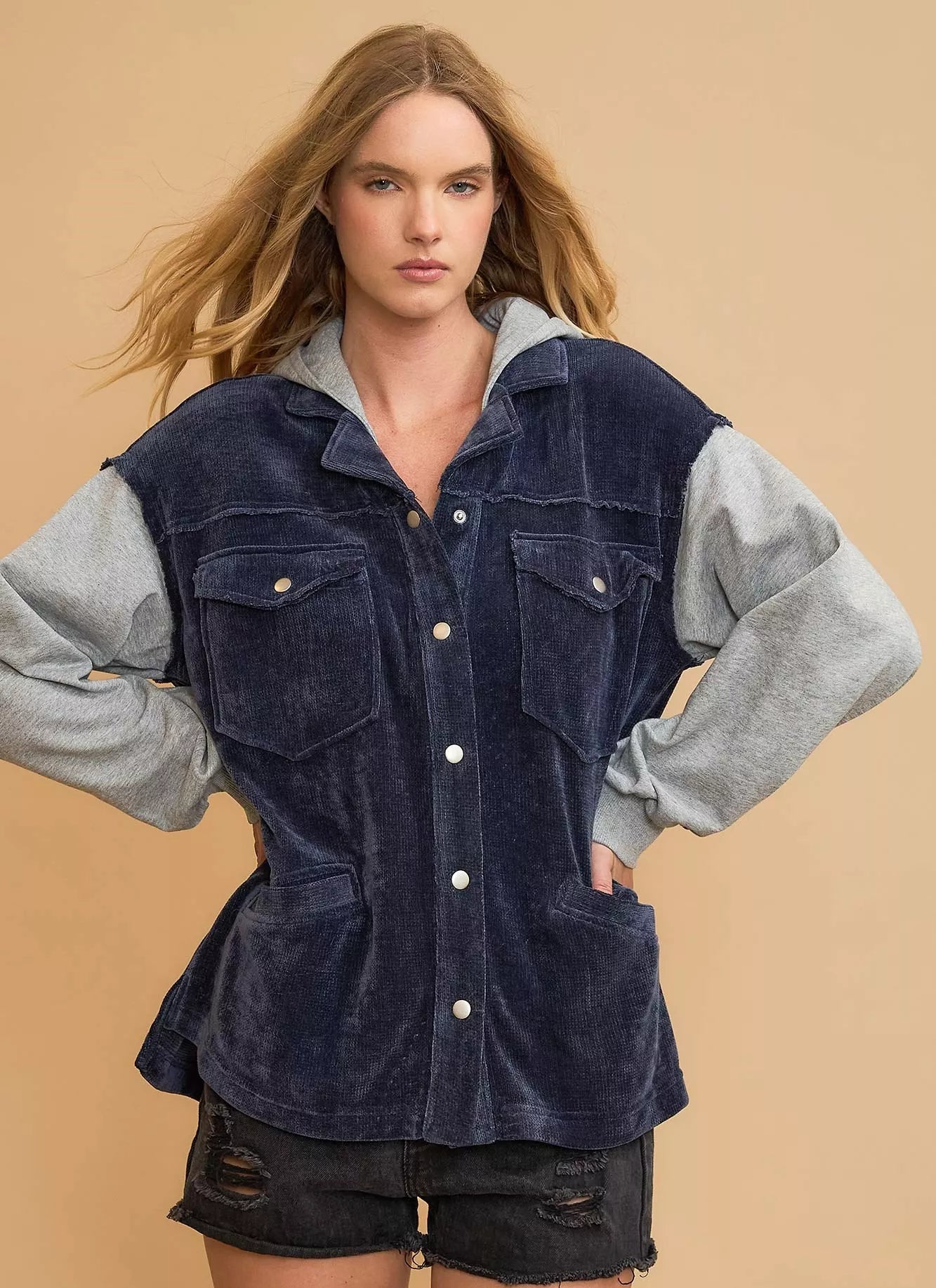 Umgee Womens Jacket Hooded Chenille Midnight Blue Contrast Gray Sleeves MIDNIGHT Umgee_Womens_Jacket_Hooded_Chenille_Midnight_Blue_Contrast_Gray_Sleeves Trendsi