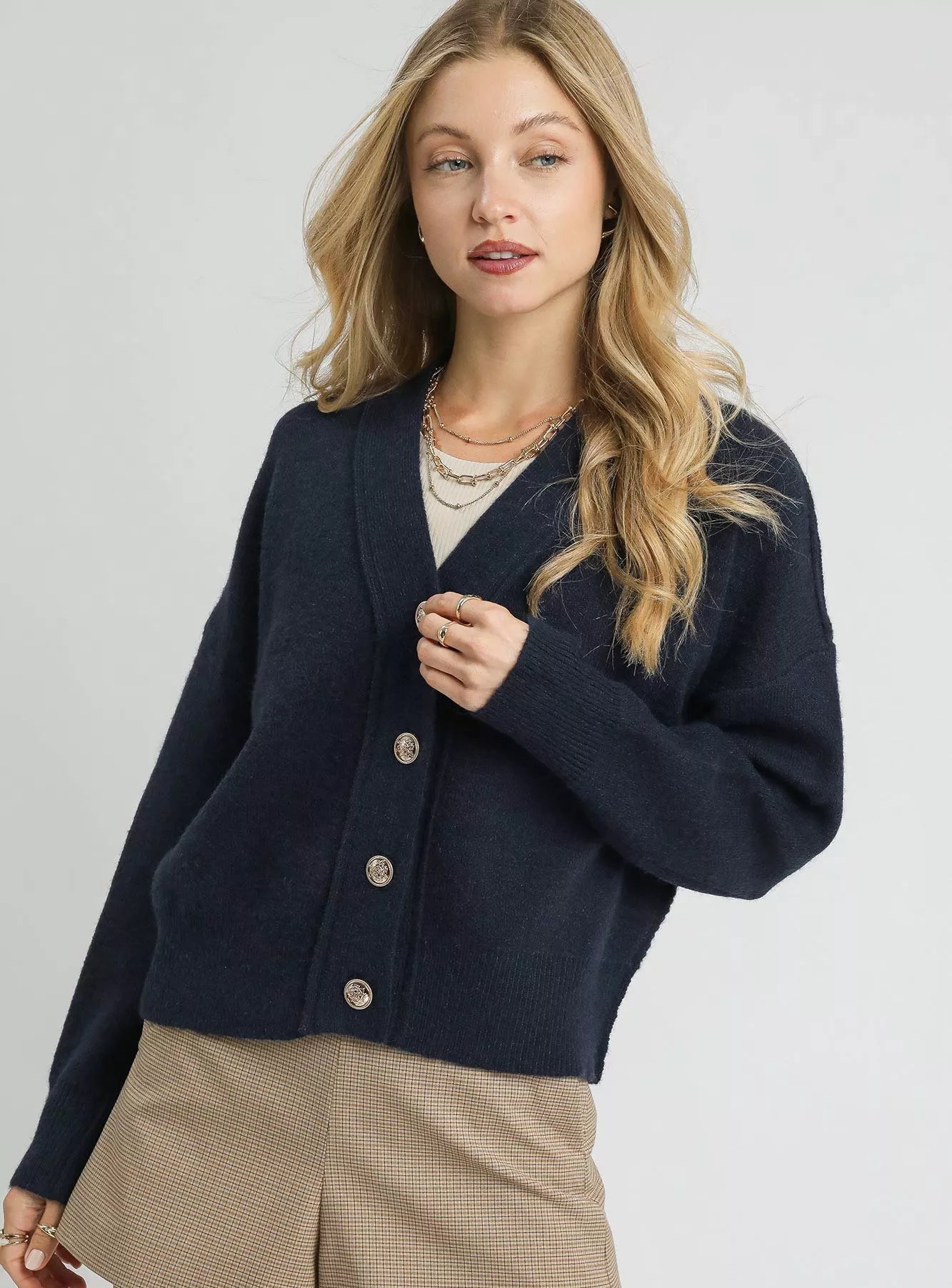 Umgee Womens Knit Cardigan Navy Button-Front Basic Style Sweater NAVY