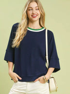 Umgee Womens Knit Top Navy Ribbed with Contrast Trim Neck NAVY Umgee_Womens_Knit_Top_Navy_Ribbed_with_Contrast_Trim_Neck Trendsi