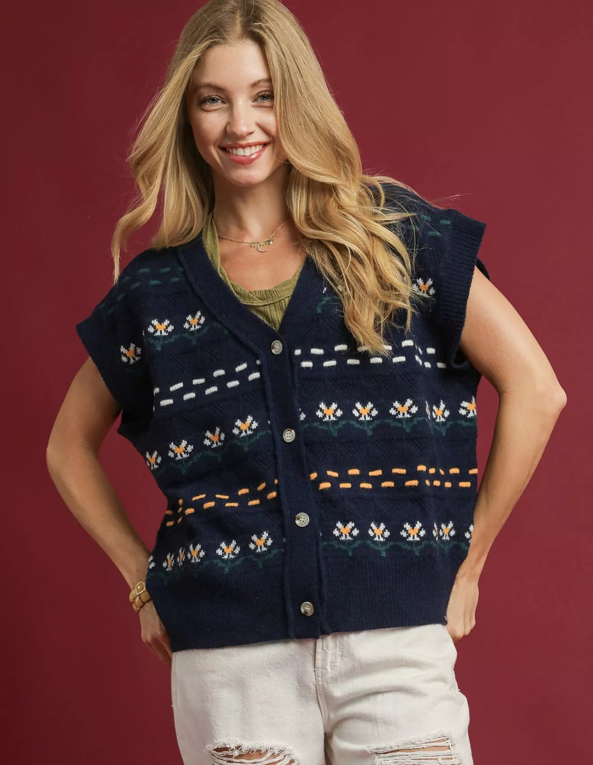 Umgee Womens Knit Vest with Floral Pattern Midnight Blue Buttoned Sweater