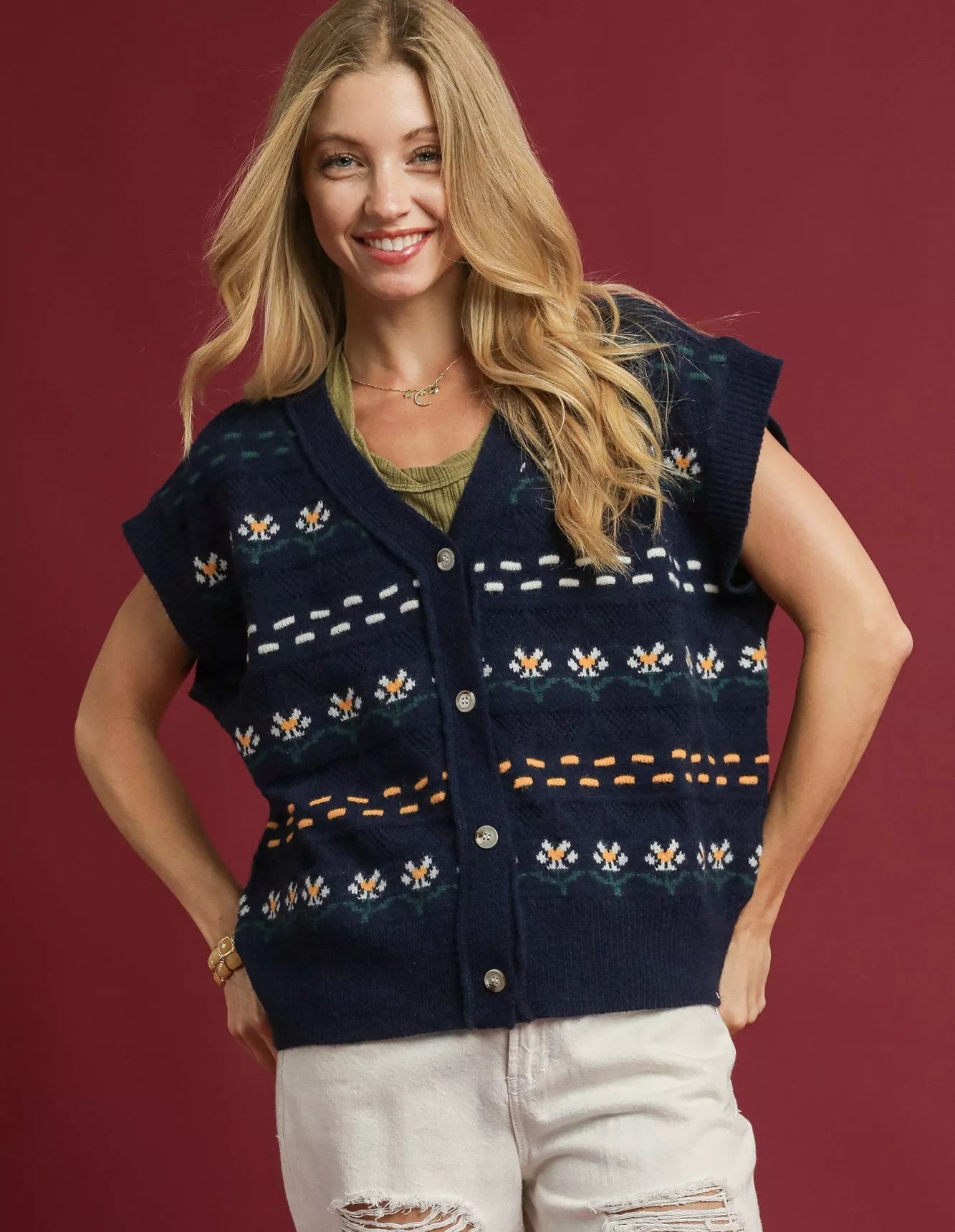 Umgee Womens Knit Vest with Floral Pattern Midnight Blue Buttoned Sweater