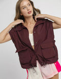 Umgee Womens Nylon Vest Burgundy Drawstring Hem Outwear with Pockets BURGUNDY Umgee_Womens_Nylon_Vest_Burgundy_Drawstring_Hem_Outwear_with_Pockets Trendsi