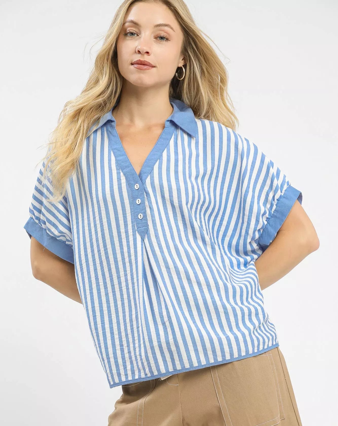 Umgee Womens Oversized Top Stripe Light Blue Collared Short Sleeve Blouse LT. BLUE Umgee_Womens_Oversized_Top_Stripe_Light_Blue_Collared_Short_Sleeve_Blouse Trendsi