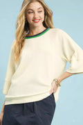 Umgee Womens Pullover Ecru Ribbed Knit Top with Contrast Geen Trim ECRU Umgee_Womens_Pullover_Ecru_Ribbed_Knit_Top_with_Contrast_Geen_Trim Trendsi