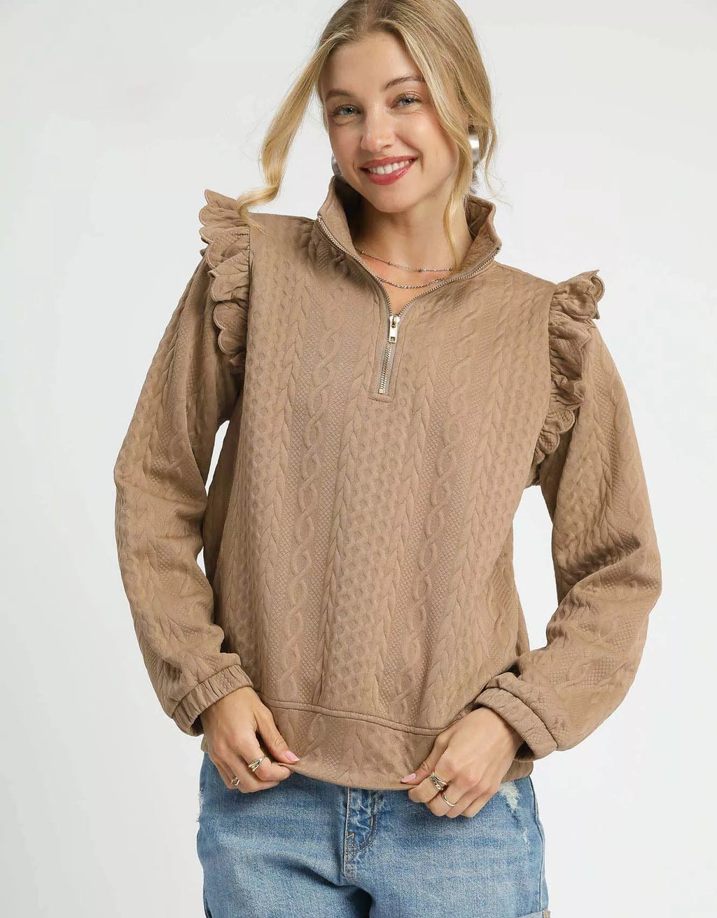 Umgee Womens Pullover Taupe Cable Knit Textured with Ruffle Shoulders Taupe Umgee_Womens_Pullover_Taupe_Cable_Knit_Textured_with_Ruffle_Shoulders Trendsi