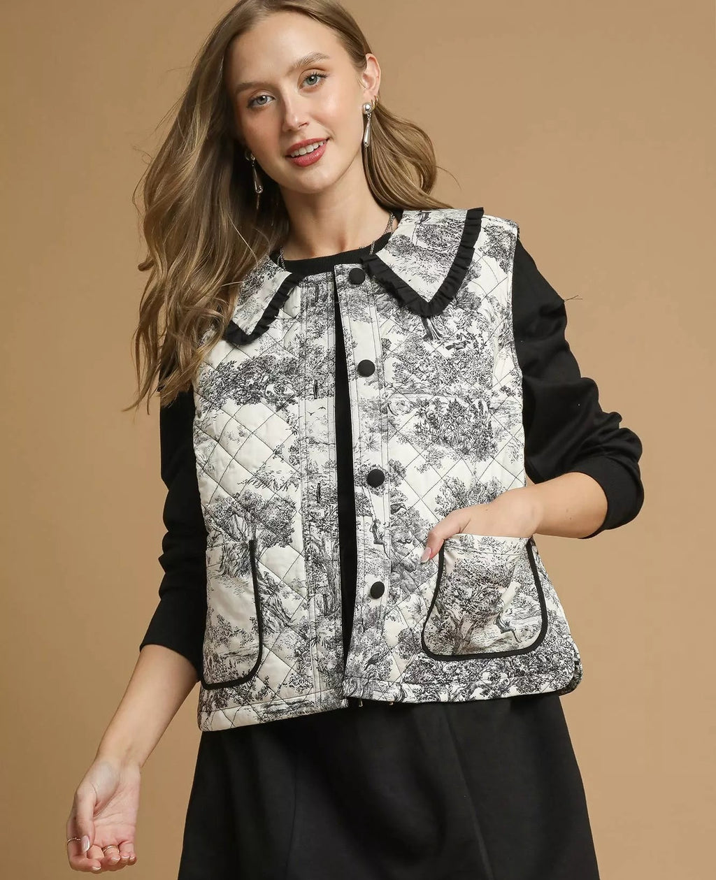 Umgee Womens Quilted Vest Black Toile with Ruffle Collar Outwear Black Umgee_Womens_Quilted_Vest_Black_Toile_with_Ruffle_Collar_Outwear Trendsi