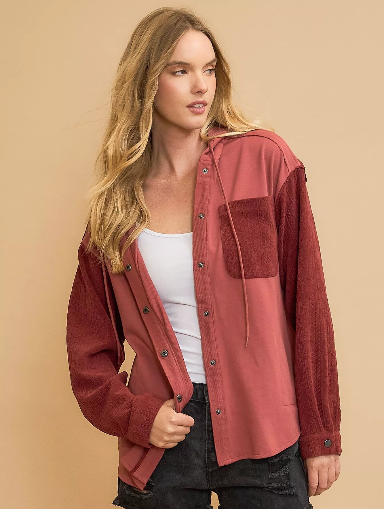 Umgee Womens Shacket Red Washed French Terry Top