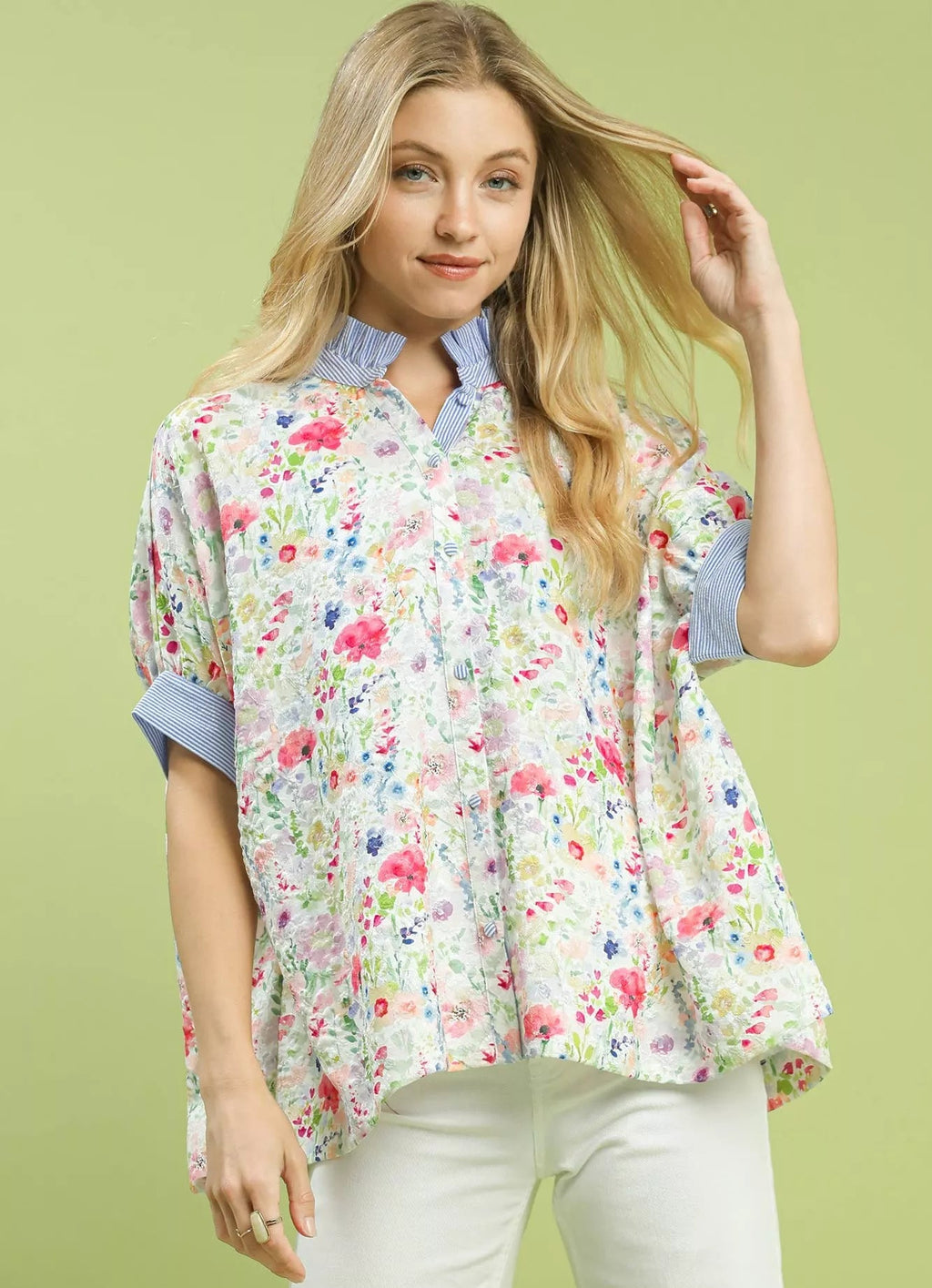 Umgee Womens Shirt Jacquard Blue Floral Mix Print Short Sleeve Top BLUE MIX Umgee_Womens_Shirt_Jacquard_Blue_Floral_Mix_Print_Short_Sleeve_Top Trendsi