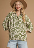 Umgee Womens Shirt Sage Green Abstract Print Button-Up Oversized Top SAGE Umgee_Womens_Shirt_Sage_Green_Abstract_Print_Button-Up_Oversized_Top Trendsi