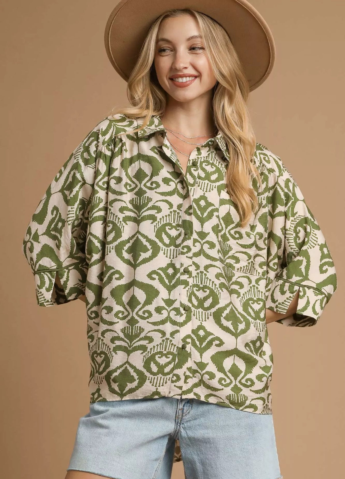 Umgee Womens Shirt Sage Green Abstract Print Button-Up Oversized Top