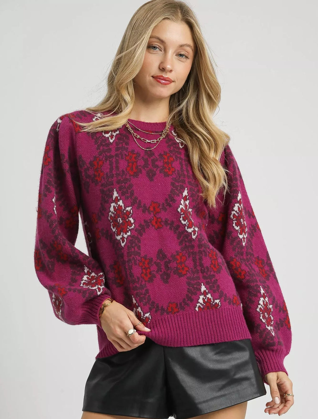 Umgee Womens Sweater Berry Boho Patterned Long Sleeve Pullover BERRY Umgee_Womens_Sweater_Berry_Boho_Patterned_Long_Sleeve_Pullover Trendsi