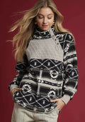 Umgee Womens Sweater Black Aztec Print Sherpa High Neck Snap Pullover CHARCOAL Umgee_Womens_Sweater_Black_Aztec_Print_Sherpa_High_Neck_Snap_Pullover Trendsi