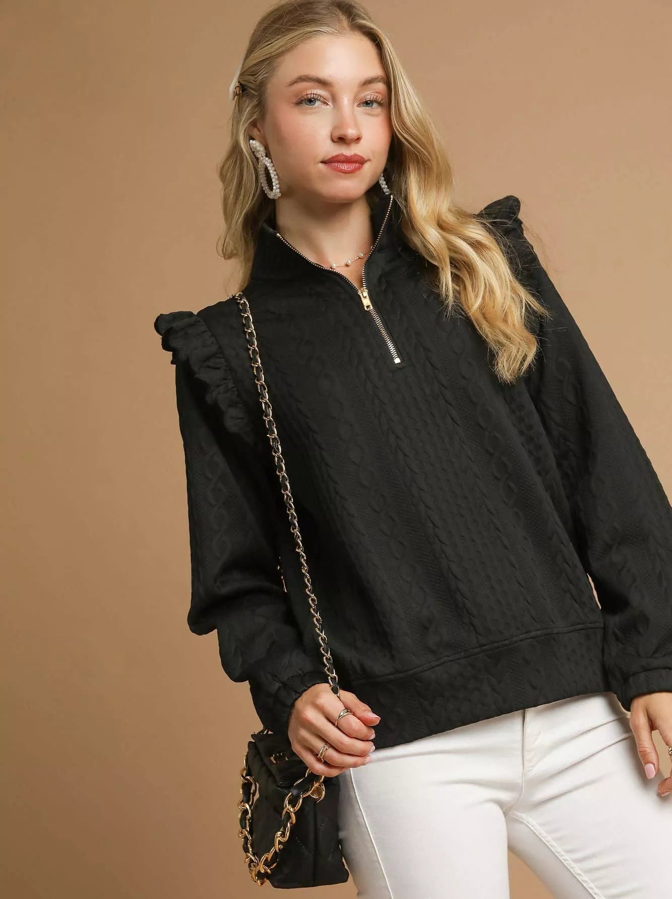 Umgee Womens Sweater Black Cable Knit Textured Pullover with Ruffle Shoulders Black