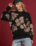 Umgee Womens Sweater Black Floral Taupe Long Sleeve Oversized Pullover BLACK TAUPE Umgee_Womens_Sweater_Black_Floral_Taupe_Long_Sleeve_Oversized_Pullover Trendsi